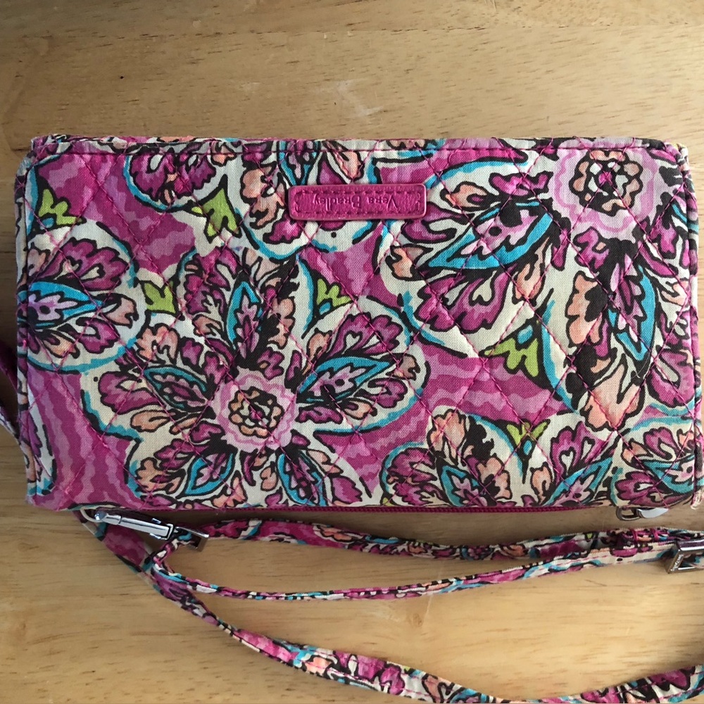 Vera Bradley Sunburst Pink Floral Clutch Crossover Wristlet RFID Wallet Bag EUC